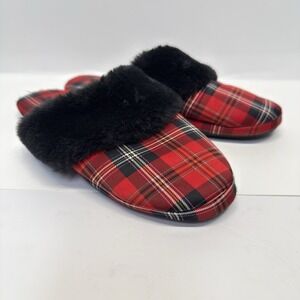 Victoria's Secret Plaid Faux Fur Slippers Red Black Check Women's Size L Cozy
